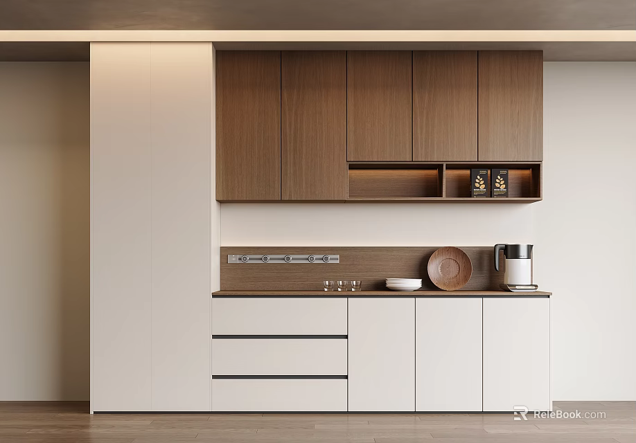 Modern Minimalist Sideboard With Wooden Cabinets White Panel Shelf Drawers Coffee Machine Plates Glassware 3d model 