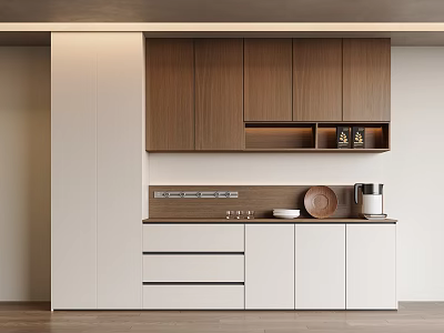 Modern Minimalist Sideboard With Wooden Cabinets White Panel Shelf Drawers Coffee Machine Plates Glassware 3d model