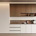 Modern Minimalist Sideboard With Wooden Cabinets White Panel Shelf Drawers Coffee Machine Plates Glassware