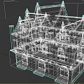 Two Story Medieval Timber Frame Building With Gabled Roof And Lit Windows
