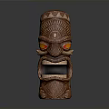 Traditional Wooden Tiki Mask With Intricate Carved Patterns And Red Glowing Eyes