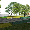 Modern Urban Residential Landscape Design With Trees Lawn Wooden Walkway And Geometric Features
