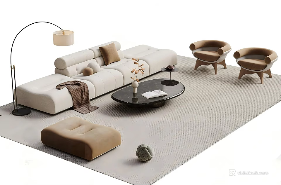 Modern White Sofa Set With Armchairs Coffee Table Ottoman And Floor Lamp 3d model 