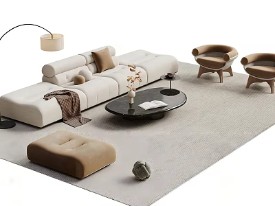 Modern White Sofa Set With Armchairs Coffee Table Ottoman And Floor Lamp 3d model