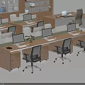 Modern Office Desk And Chair Set With Bookshelves And Computer Workstations In Workspace