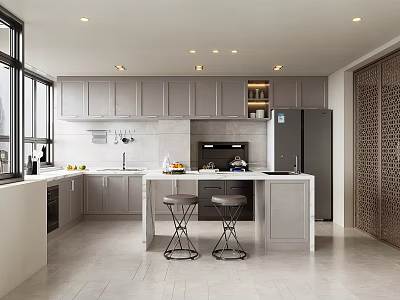 Modern Kitchen Interior With Gray Cabinets White Countertop Center Island And Stools 3d model