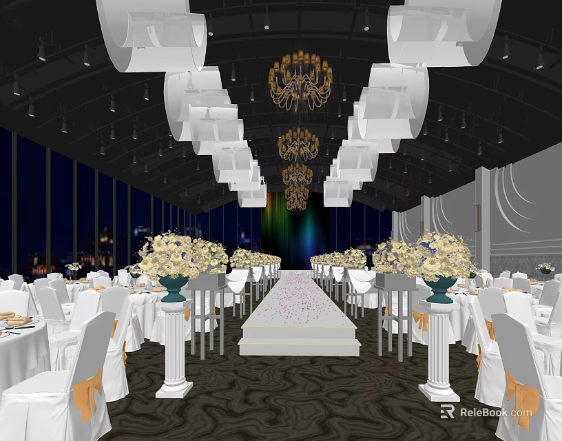 Elegant Restaurant Banquet Hall With White Tables Chairs Floral Centerpieces Pink Petal Aisle And Chandeliers 3d model 