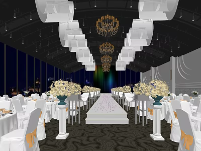 Elegant Restaurant Banquet Hall With White Tables Chairs Floral Centerpieces Pink Petal Aisle And Chandeliers 3d model