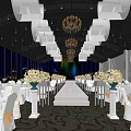 Elegant Restaurant Banquet Hall With White Tables Chairs Floral Centerpieces Pink Petal Aisle And Chandeliers