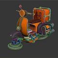 Orange Futuristic Motorcycle With Sushi Delivery Box Blue Accent Lights And Glossy Surface Reflection