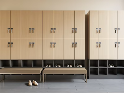 Modern Light Brown Wooden Lockers With Secure Compartments In Changing Room With Bench And Shoes 3d model