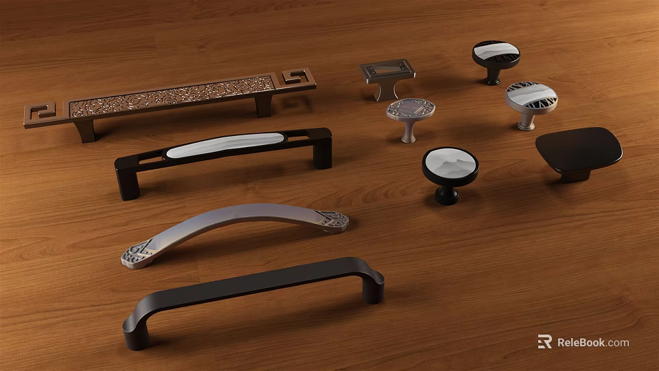 Various Stylish Furniture Handles With Different Designs Displayed On Wooden Surface 3d model 