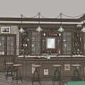 Billiard Room Interior With Vintage Wooden Decor Red Sofas Bar Counter And Chandeliers