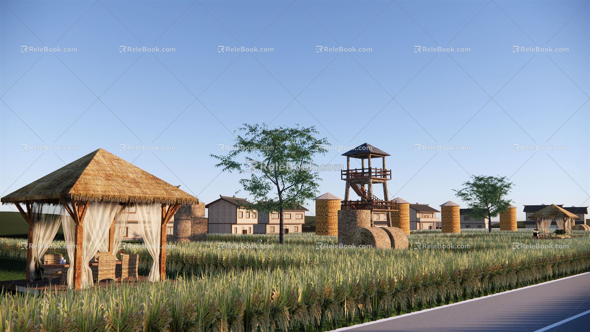 modern farm beautiful countryside rice industry haystack thatched pavilion picnic viewing tower high standard farmland model