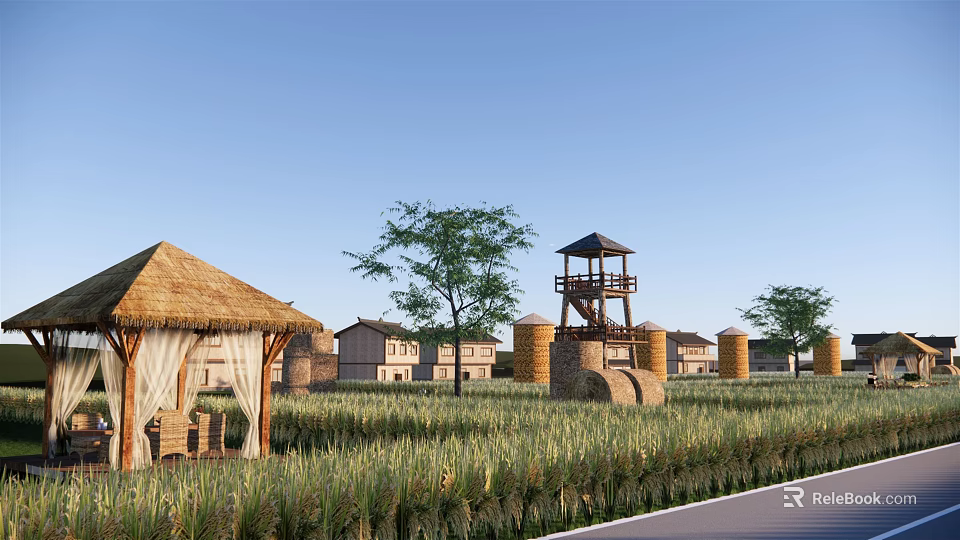 Idyllic Rural Landscape With Thatched Hut Watchtower Silos Rice Fields Trees And Road 3d model 