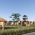 Idyllic Rural Landscape With Thatched Hut Watchtower Silos Rice Fields Trees And Road