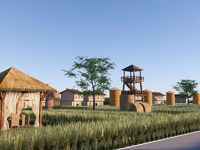 Idyllic Rural Landscape With Thatched Hut Watchtower Silos Rice Fields Trees And Road 3d model