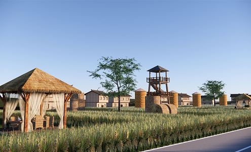 modern farm beautiful countryside rice industry haystack thatched pavilion picnic viewing tower high standard farmland 3d model