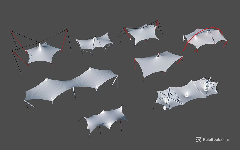 Tensile Membrane Architectural Structures With Various White Canopy Designs And Supporting Frames 3d model