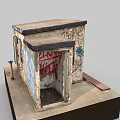 Graffiti Covered Small Building Model With Weathered Exterior Open Door And Windows