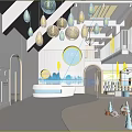 Bright Children Activity Space Interior With Bookshelves Coffee Bar And Kids Playing
