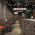 Retro Hotpot Restaurant Interior With Beverage Shelves And Neon Lights