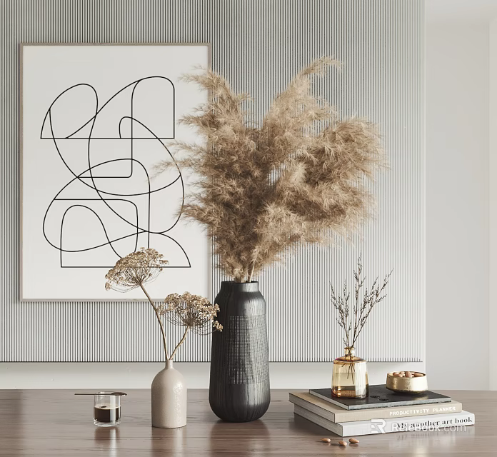 Modern Minimalist Decorative Ornament Set With Dried Pampas Grass Ceramic Vases Line Art Painting And Small Trinkets 3d model 