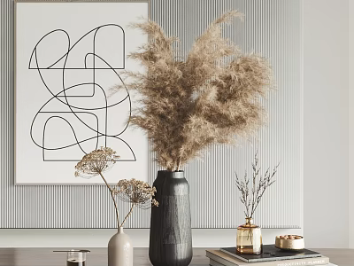 Modern Minimalist Decorative Ornament Set With Dried Pampas Grass Ceramic Vases Line Art Painting And Small Trinkets 3d model