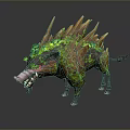 Mystical Boar Creature with Green Foliage Brown Spikes Red Eyes Open Mouth Sharp Teeth