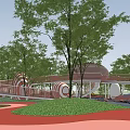 Spacious Children's Play Area With Circular Structures Red Pathways Green Lawns And Shady Trees
