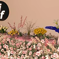 Elegant Pink Flower Cart with Fresh Flower Decorations String Lights and Chair