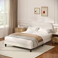 Modern Bedroom Interior With Upholstered Headboard Bed White Pillows Brown Throw Nightstands And Decorative Paintings