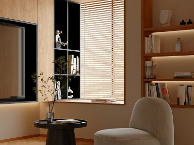 Modern Living Room Interior With TV Shelves Blinds Side Table Chair And Plant 3d model