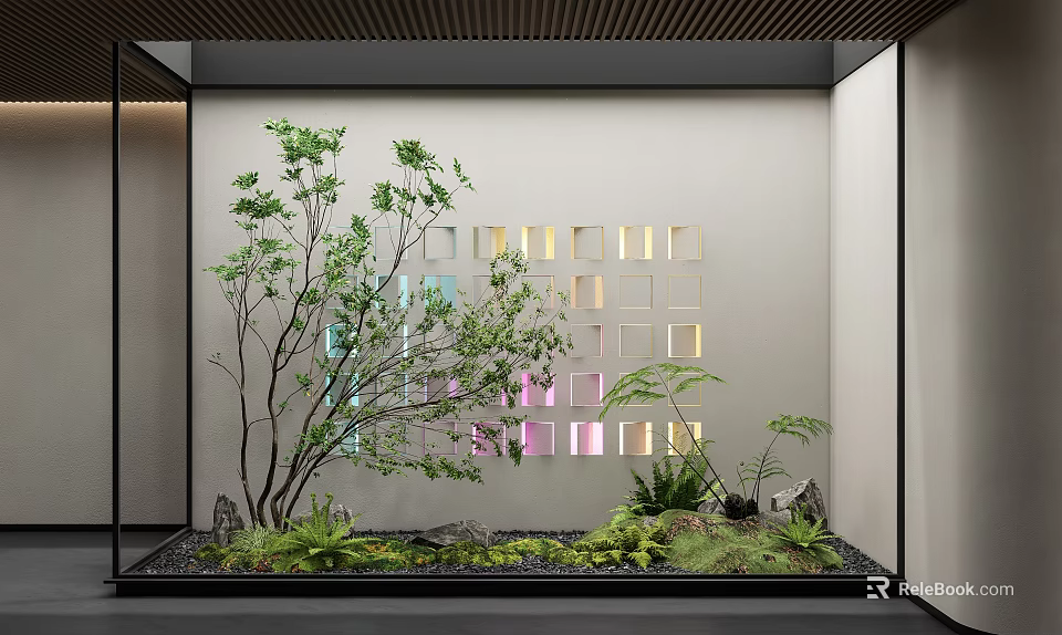 Scenic Feature Wall with Square Cutouts Colored Lights Wooden Ceiling and Green Plants 3d model 