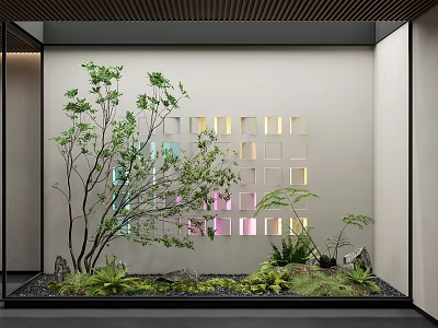 Scenic Feature Wall with Square Cutouts Colored Lights Wooden Ceiling and Green Plants 3d model