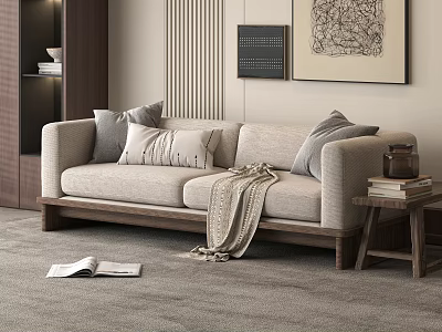 Cozy Beige Two Seater Sofa with Gray Cushions Knitted Throw and Wooden Side Table 3d model