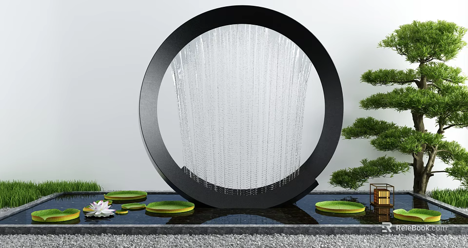Courtyard Garden With Circular Waterfall Fountain Lotus Leaves Pine Tree And Lantern 3d model 