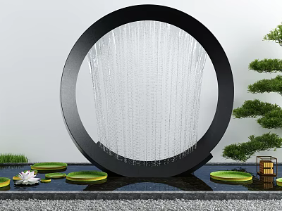 Courtyard Garden With Circular Waterfall Fountain Lotus Leaves Pine Tree And Lantern 3d model