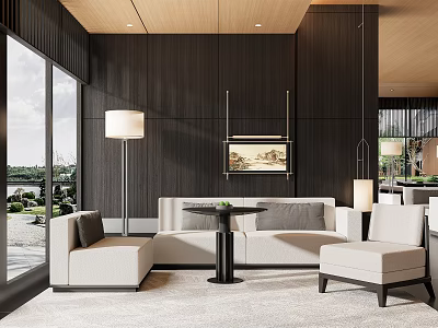 Modern Living Room Sofa Coffee Table Set With Floor To Ceiling Windows And Wooden Ceiling 3d model