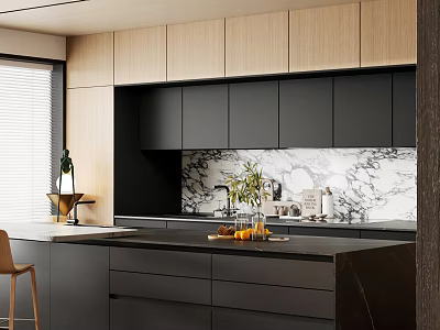 Modern Kitchen Interior With Wooden And Black Cabinets Marble Backsplash And Island Counter 3d model