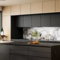 Modern Kitchen Interior With Wooden And Black Cabinets Marble Backsplash And Island Counter