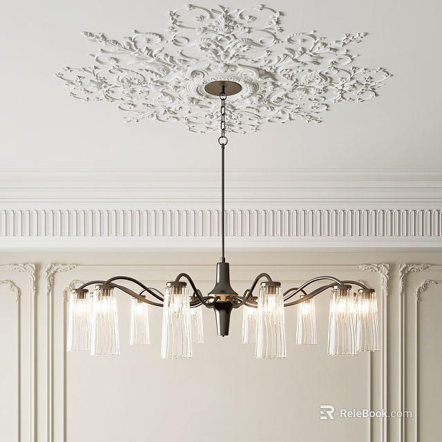Ornate Ceiling Chandelier With Multiple Glass Shades And Elegant Metal Frame 3d model 