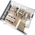Public Office Space with Company Logo White Wall Glass Partition Office Desks Chairs Wooden Flooring