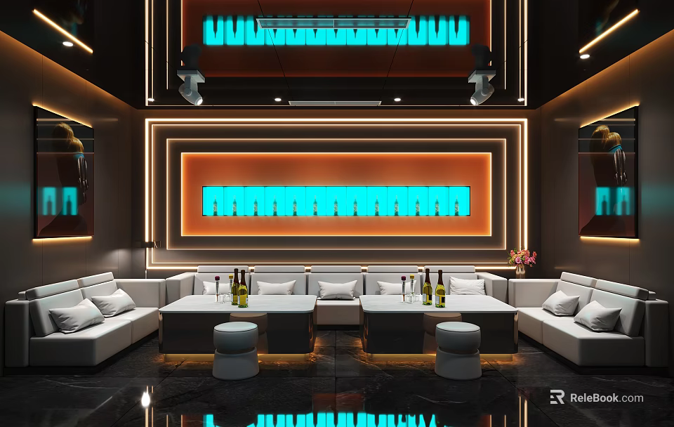 Modern KTV Room Interior with Blue Neon Lights Sofas Wine Bottles and Mirrors 3d model 