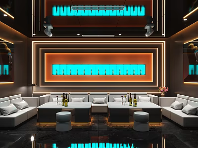 Modern KTV Room Interior with Blue Neon Lights Sofas Wine Bottles and Mirrors 3d model