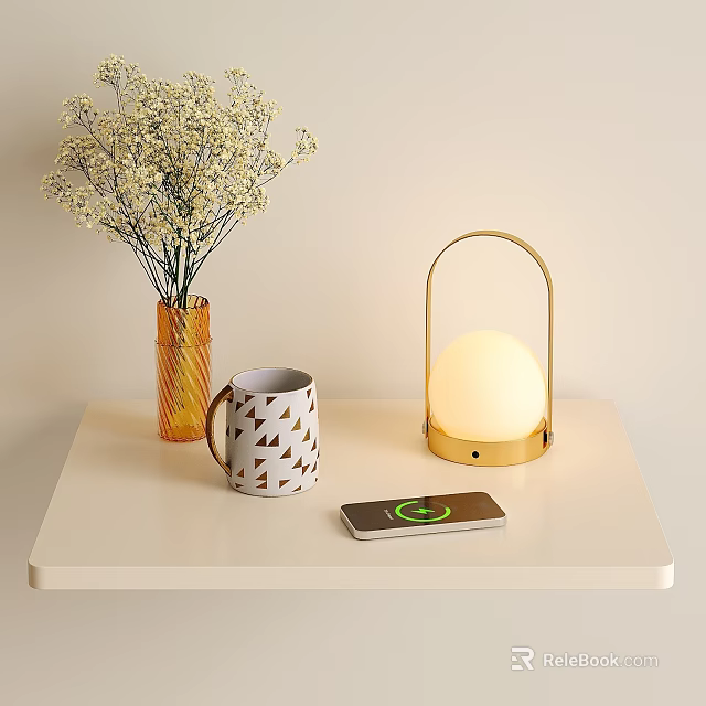 Gold Stand Globe Shade Table Lamp with Dried Flowers Vase Mug Charging Phone White Table 3d model 