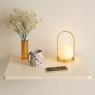 Gold Stand Globe Shade Table Lamp with Dried Flowers Vase Mug Charging Phone White Table 3d model