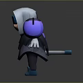 Cartoon Game Character In Hooded Cloak With Purple Eyes Blue Boots And Purple Spherical Object