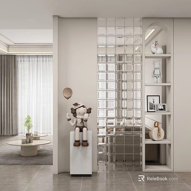Minimalist Entryway Hallway With Glass Partition White Shelves Decorative Doll And Small Plant 3d model 