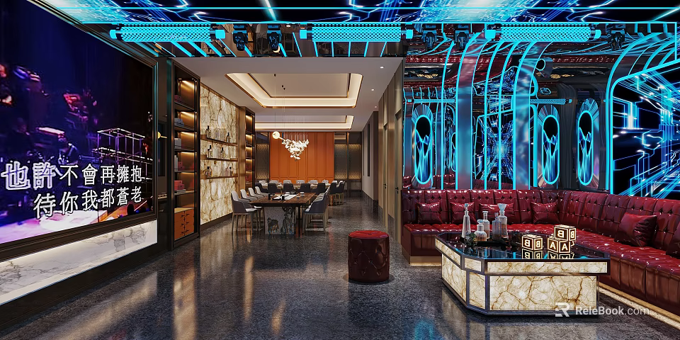 Luxurious KTV Interior Design With Blue Neon Lights Marble Tables And Comfortable Sofas 3d model